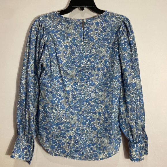 Smythe Wo Ruched Blouse Blue Floral Keyhole Button Back - Picture 5 of 6
